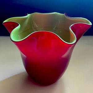 Red, Green Cased Glass Artglass Handkerchief Vase Hand Blown